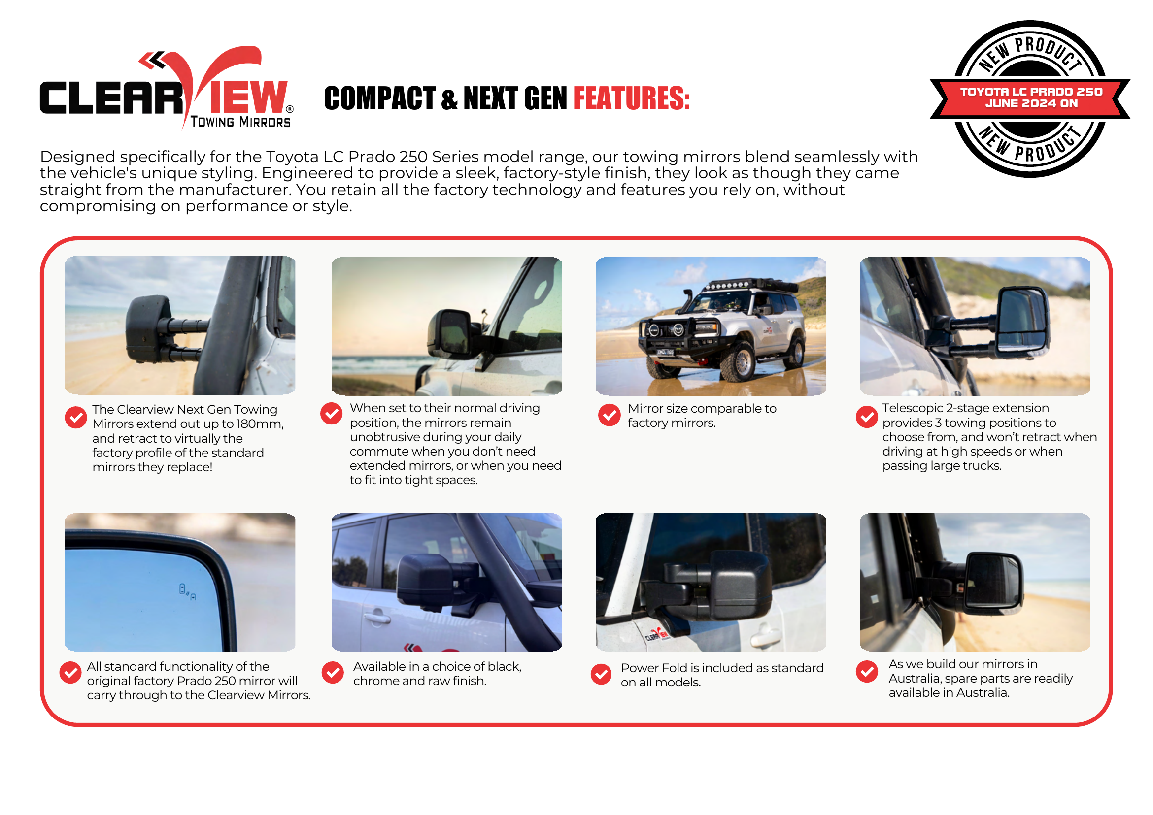 Clearview Compact and Next Gen towing mirror features for Toyota Prado 250
