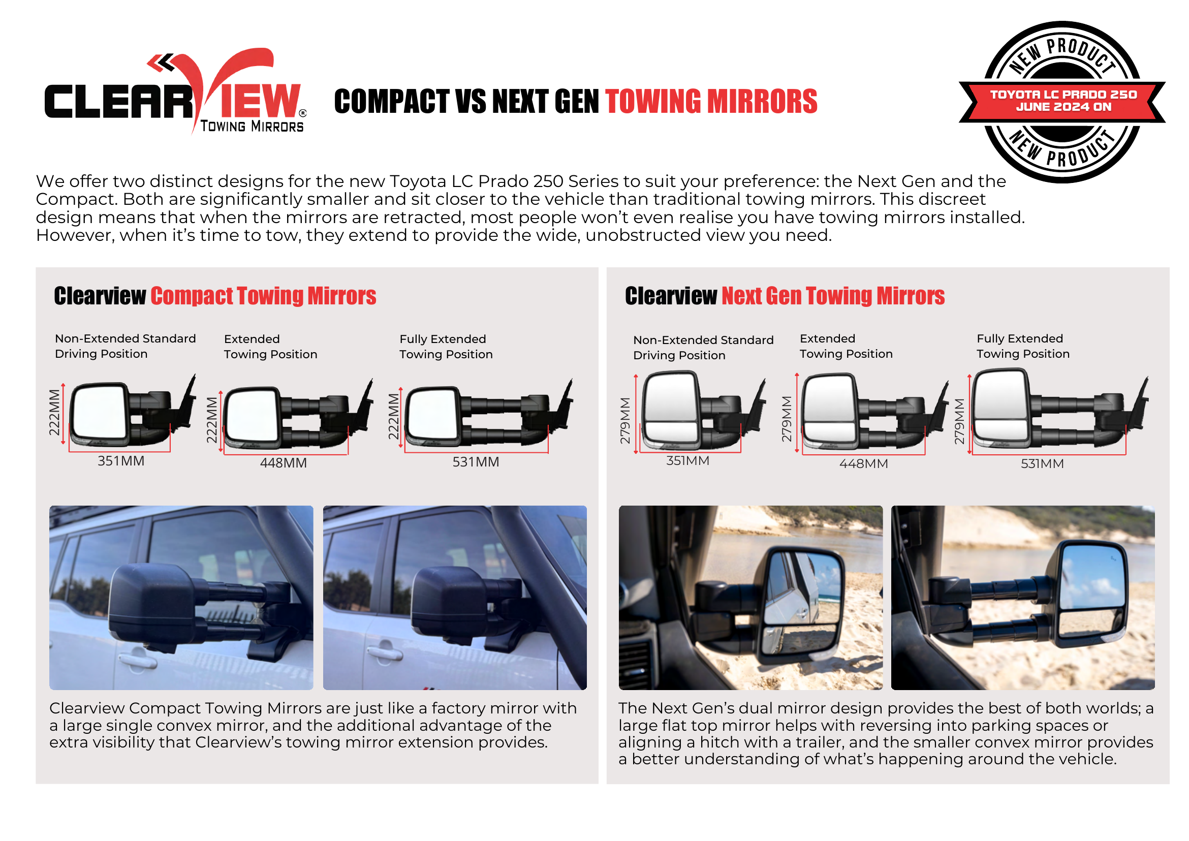 Clearview Compact vs Next Gen towing mirror comparison for Toyota Prado 250